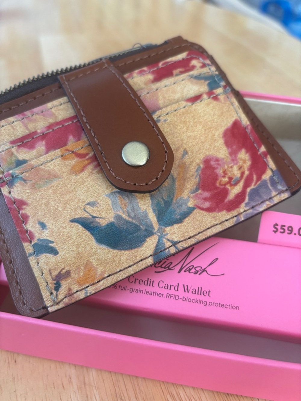 Patricia Nash Brown Leather Floral Card Wallet with Pink Accents - Picture 2 of 5